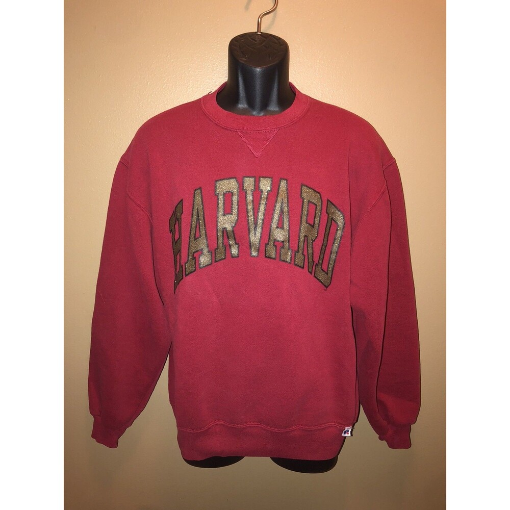 VTG 80s 90s HARVARD Russell Athletic Sweatshirt L Burgundy Gold Spellout TAB USA